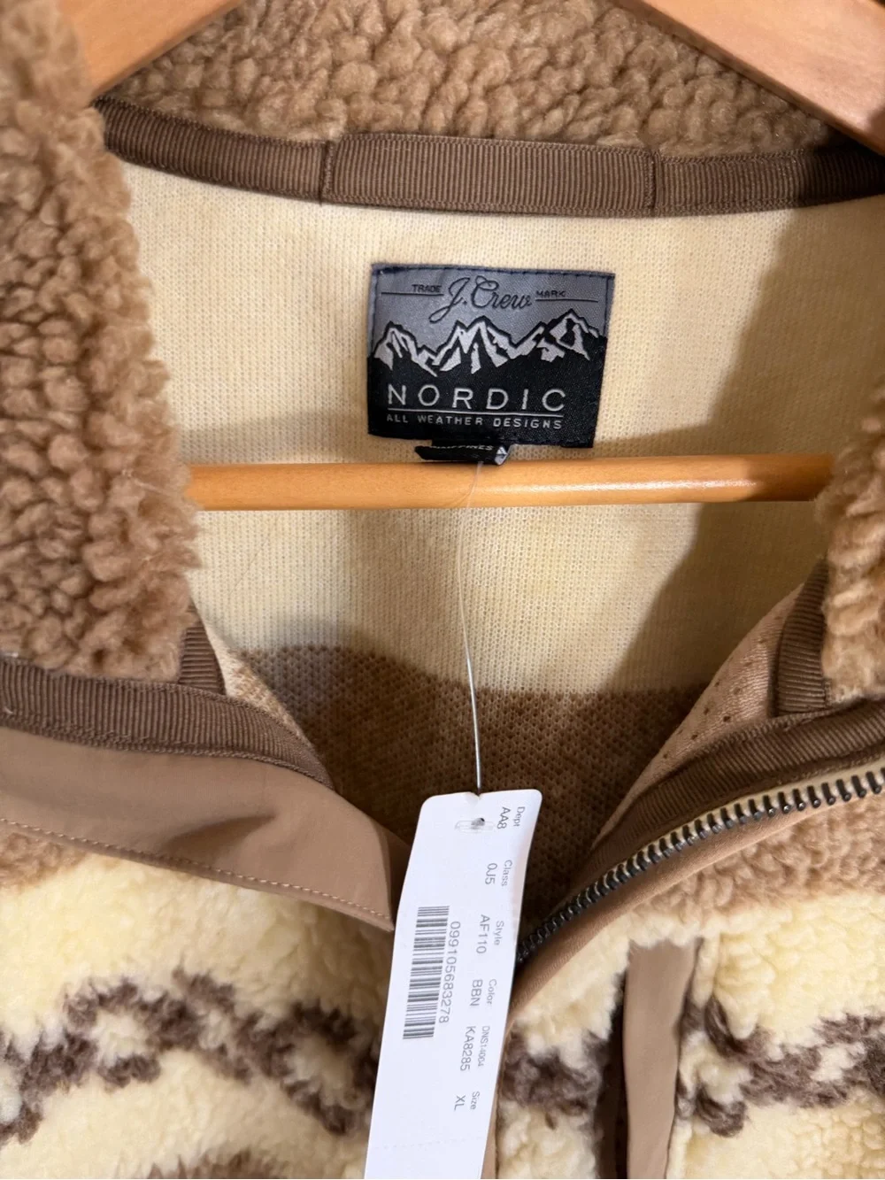 J.Crew Nordic Sherpa Fleece Full Zip Jacket Fair Isle Tan Beige Size XL NWT